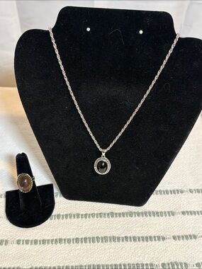 Silver-Tone Black Stone Pendant Necklace and Ring Set
